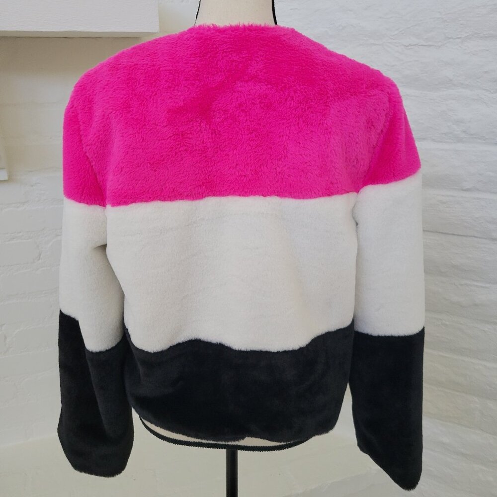 Coat Juniors Medium Black Pink White Fuzzy Furry Teddy Jacket Long Sleeve Dressy - Picture 6 of 7